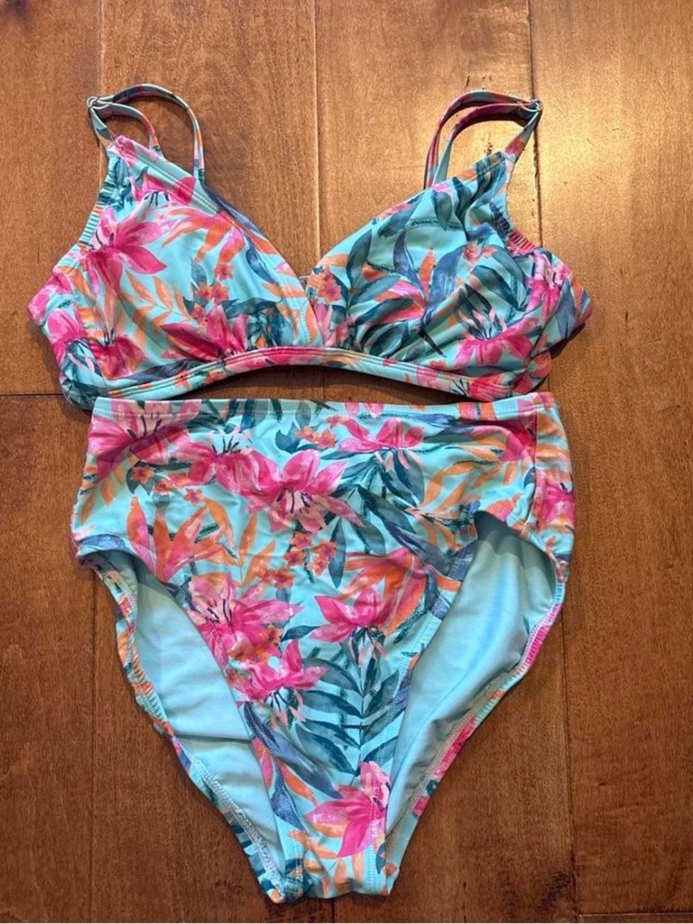 Kona Sol Aqua Floral Two-Piece Bikini Set with Pink & Coral Blooms